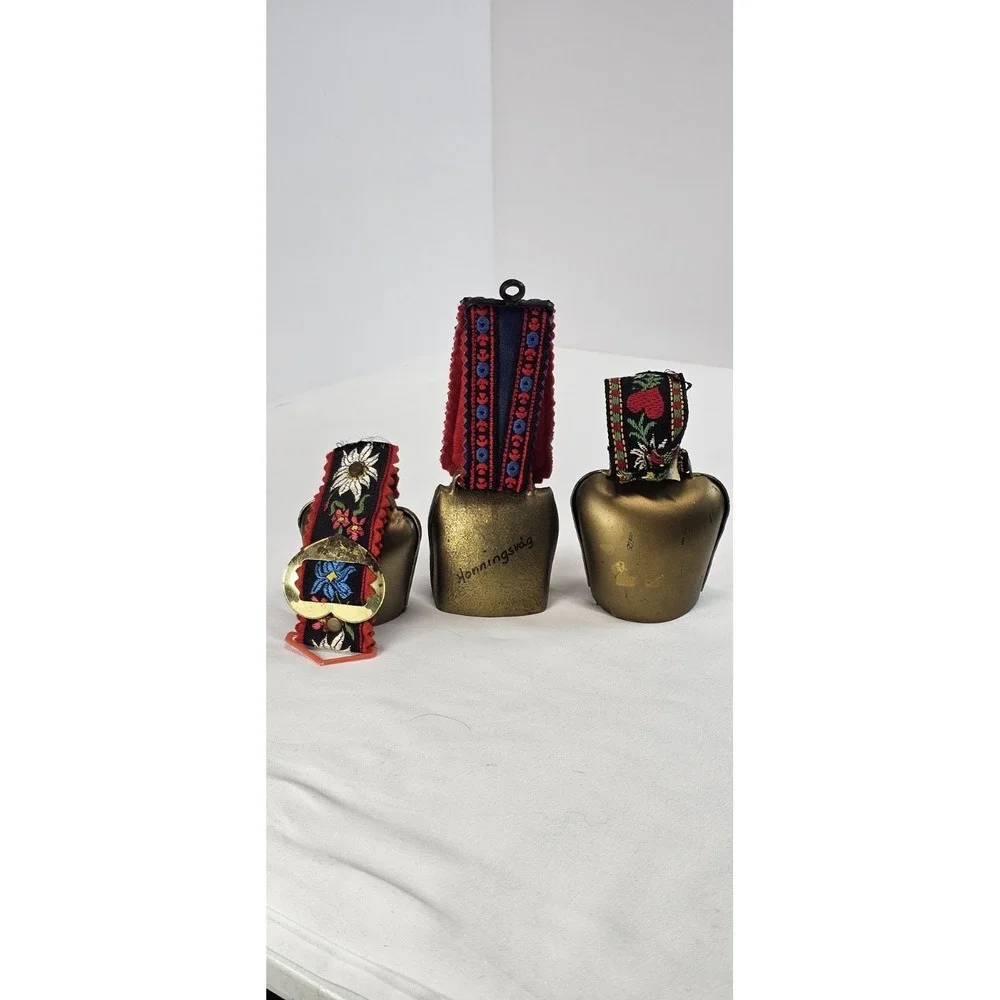 Vintage Norwegian Brass Cow Bells Honningsvåg Floral Leather Strap Set of 3